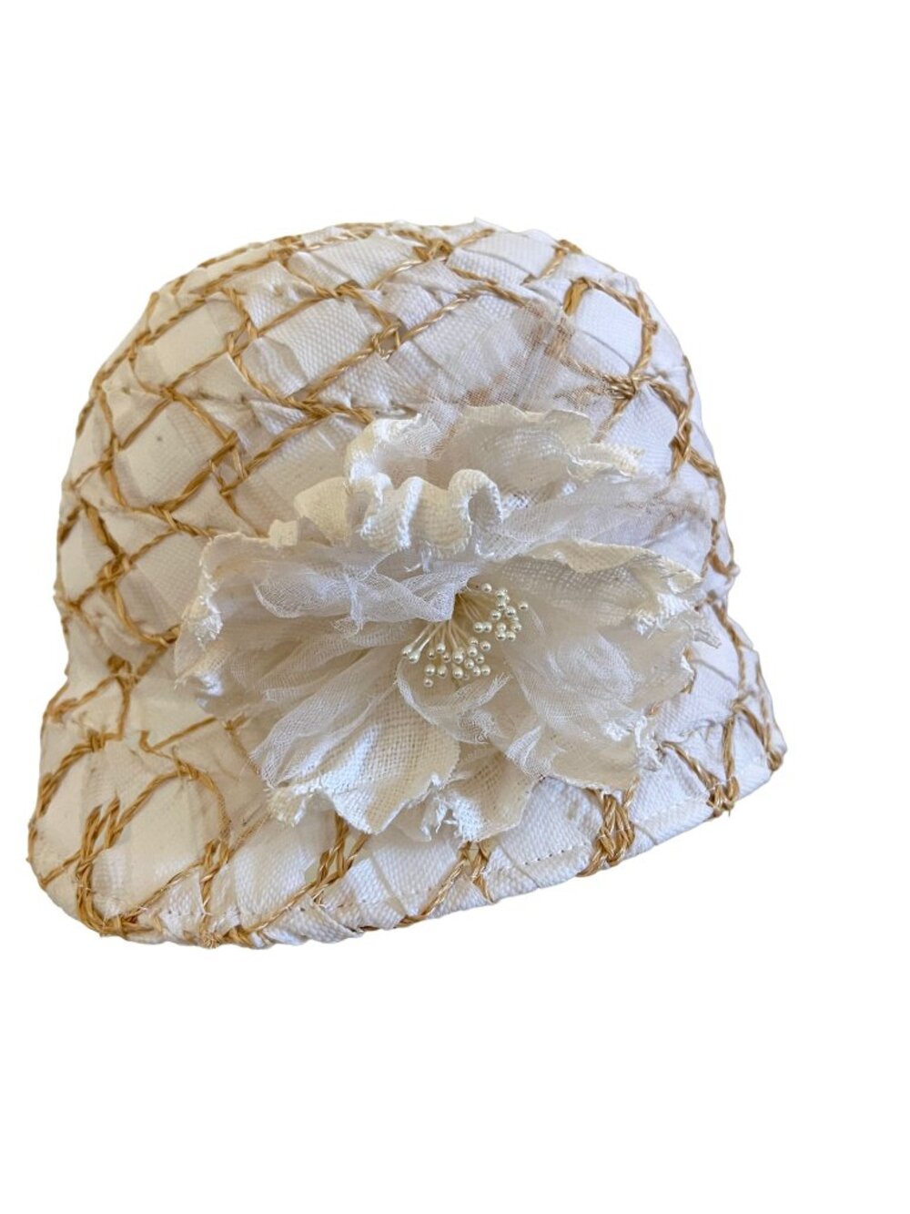 Louise Green White Straw Lattice Bucket Hat Large Floral Accent Mesh Overlay